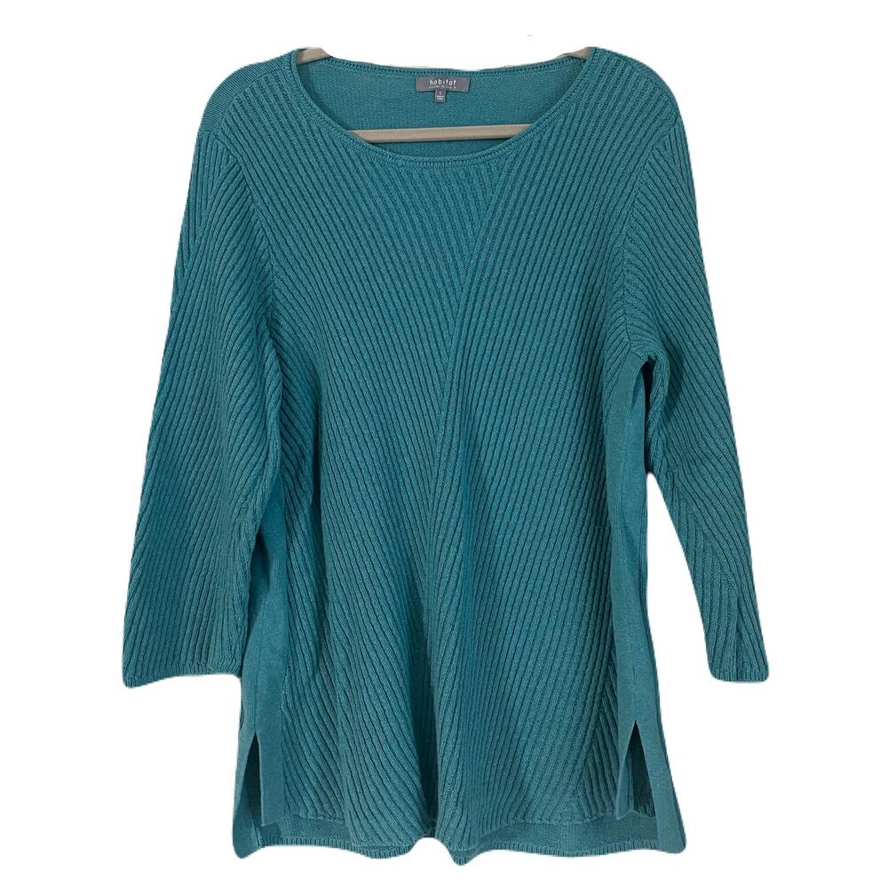 Habitat V-Neck Ribbed Sweater, 3/4 Sleeves, Turquoise Color, Size L